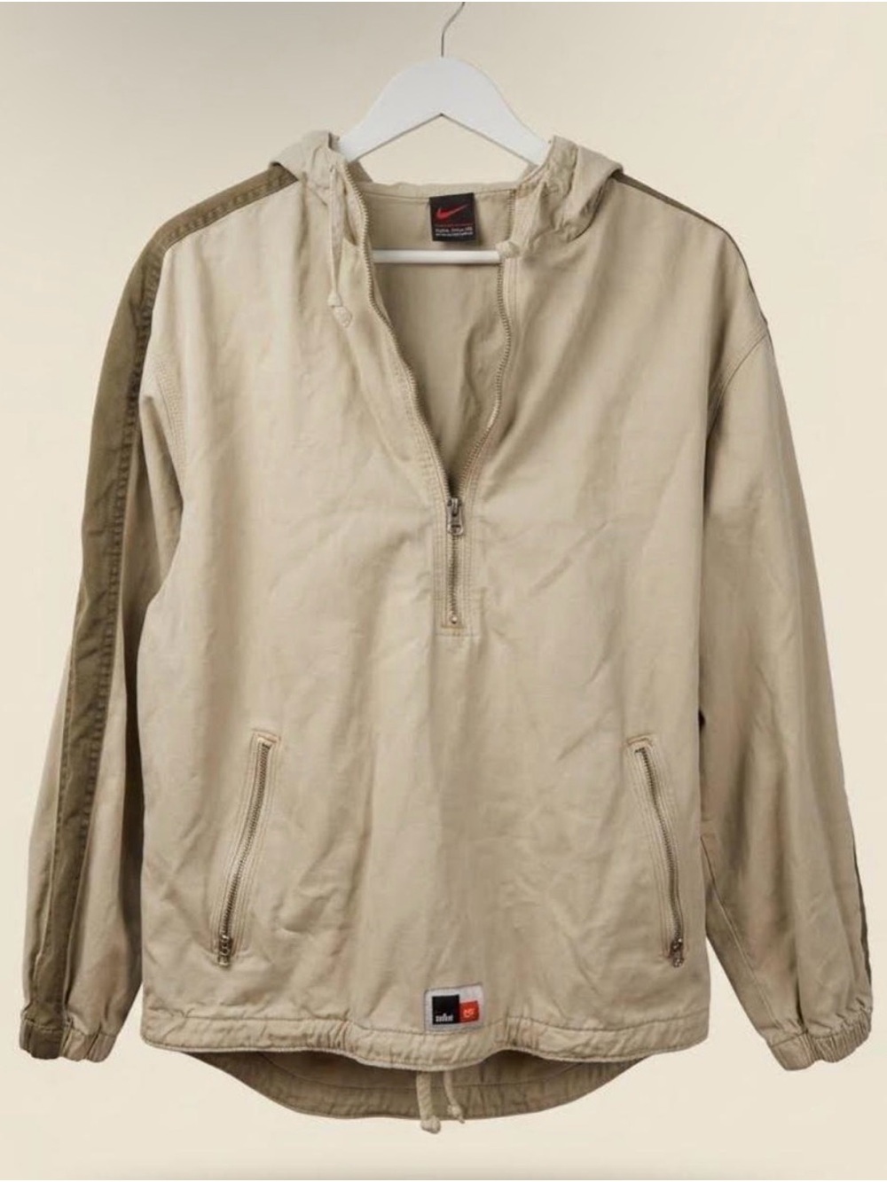 Vintage Nike Tan Hooded Quarter-Zip Anorak with Olive Shoulder Stripe